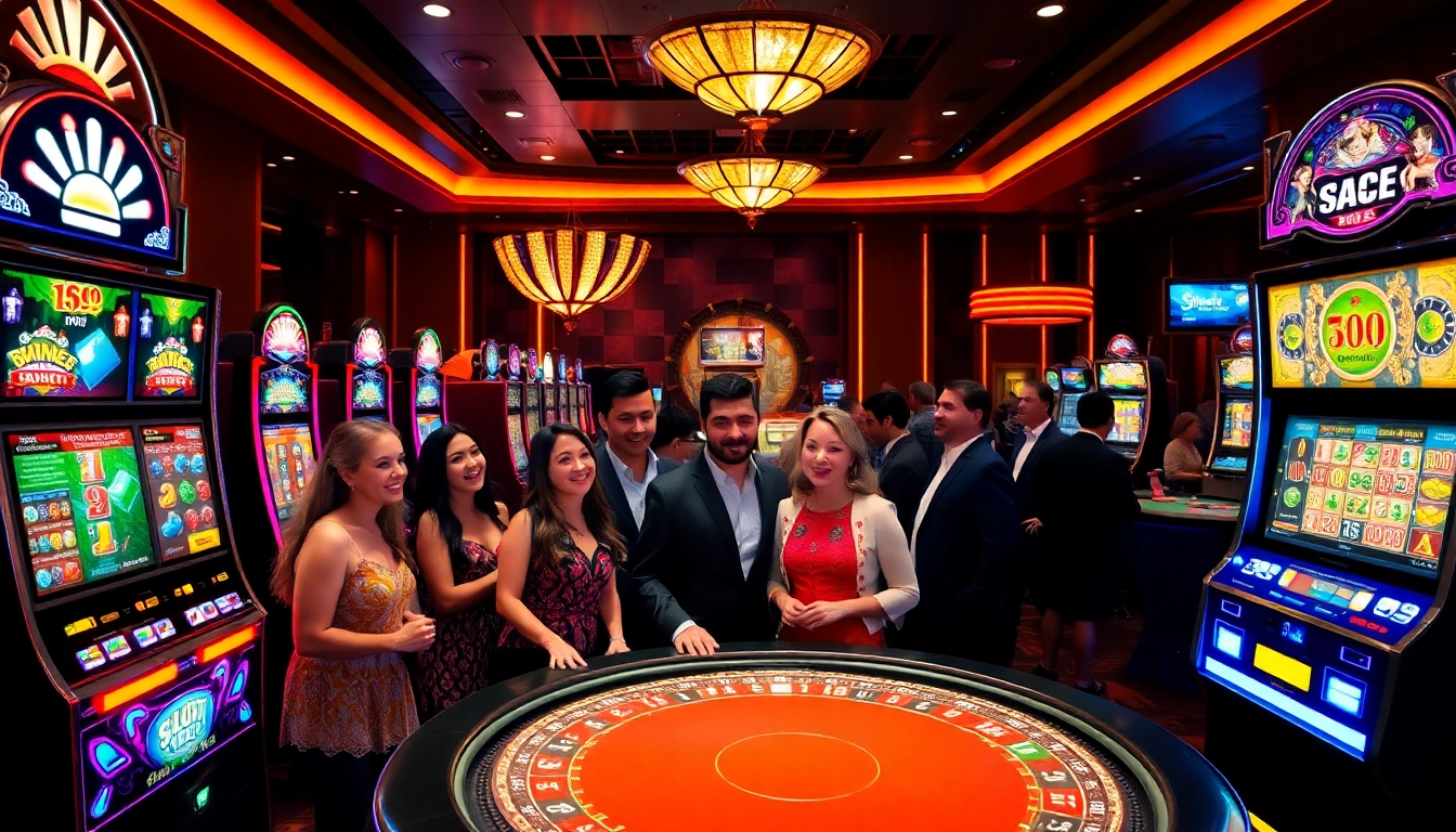 Excited players enjoying slot gacor in a vibrant casino setting with colorful machines and chips.