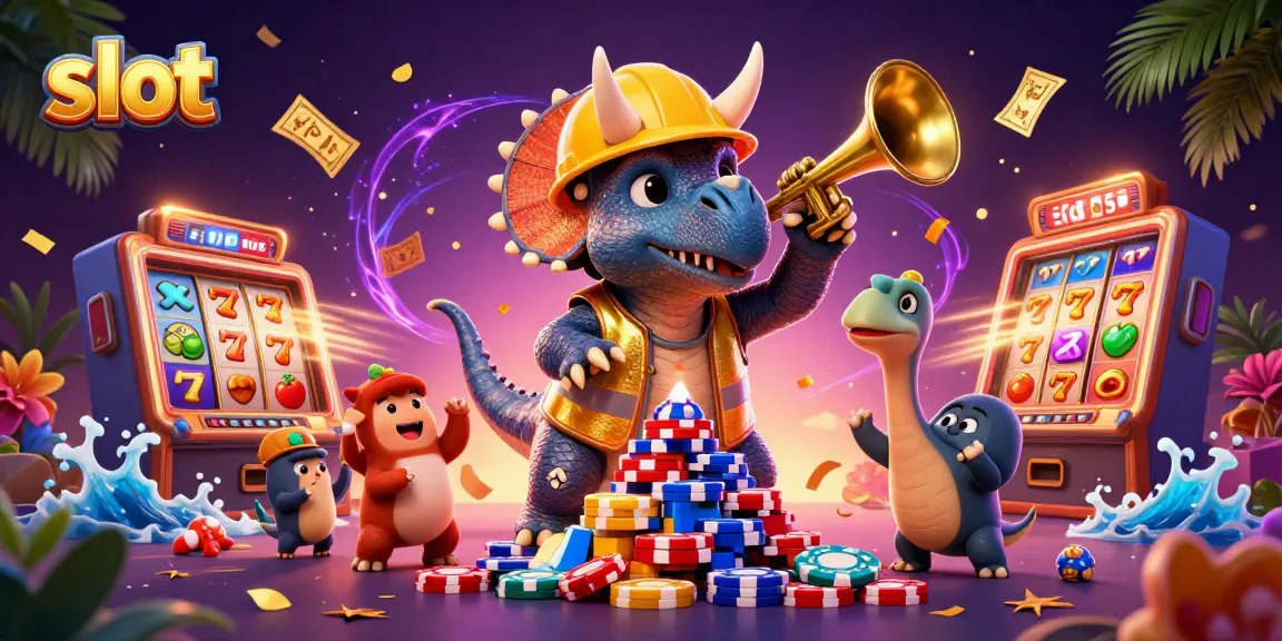 Engage with slot games featuring a joyful triceratops building a poker chip pyramid in celebration.