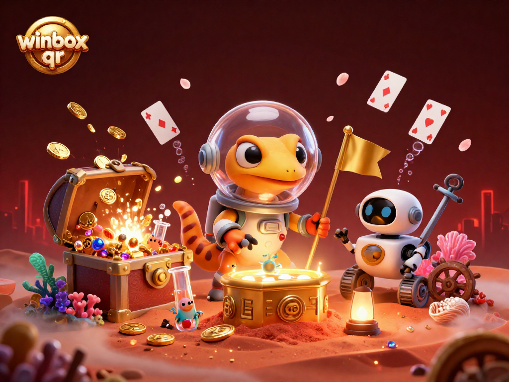 Experience the thrill of winbox qr with a Martian gecko uncovering treasures in a vibrant casino scene.