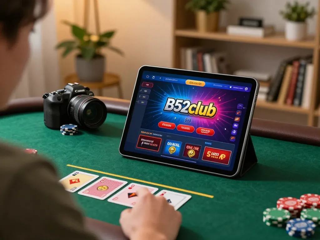 B52club player engaged in online poker strategy using a tablet in a cozy home environment.