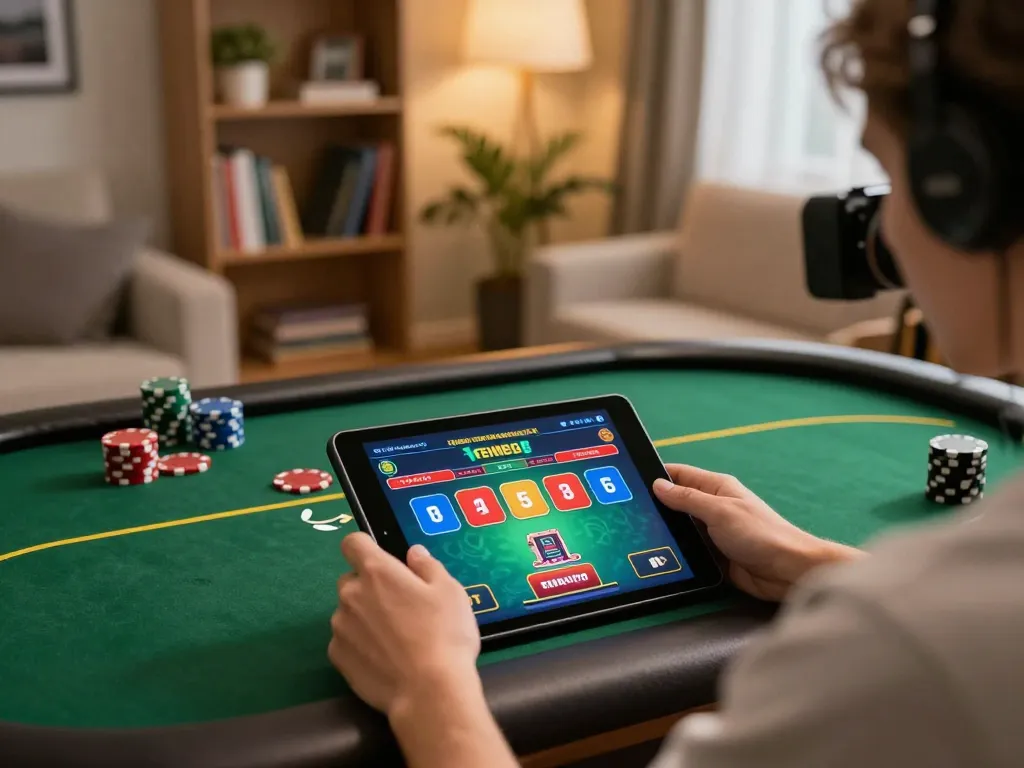Player enjoying online poker on tablet, showcasing gaming interface, engaging with god55vn platform in a cozy environment.