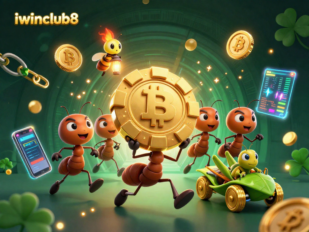 Join the iwinclub8 adventure with ants carrying a giant poker chip amidst crypto coins and vibrant casino elements.