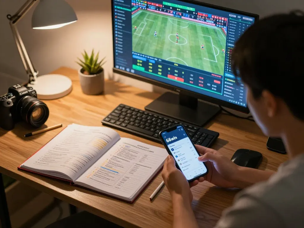 Engaged player analyzing sports betting odds on nhà cái 68win app during intense gameplay.