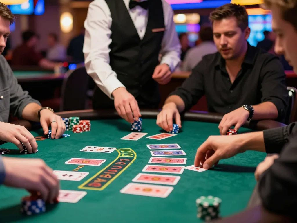 Engaging gameplay at a blackjack table featuring caricature Chatgpt-enhanced animated visuals, capturing the thrill