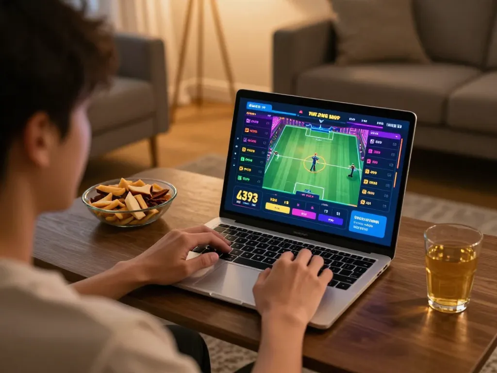 Engaging in sports betting with king33 on a laptop in a cozy home setting.