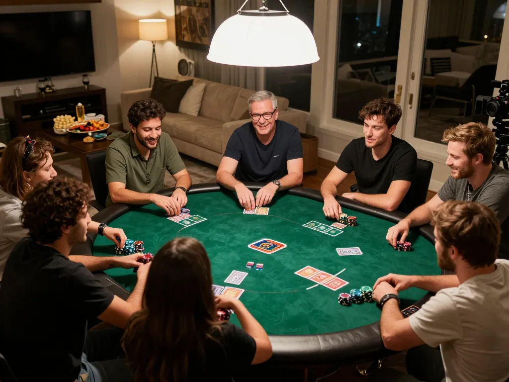 Friends enjoying a thrilling poker night at home, showcasing strategic play at Hi88