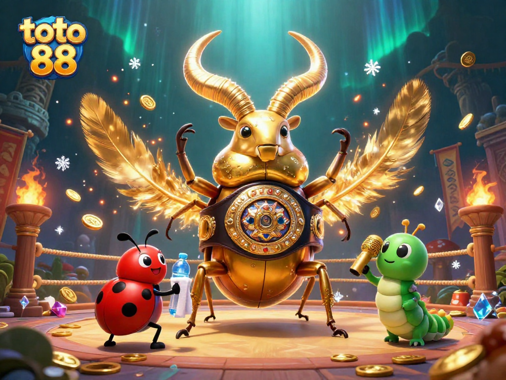Engage with toto 88 and explore a vibrant 3D scene of a golden stag beetle in a casino showdown.