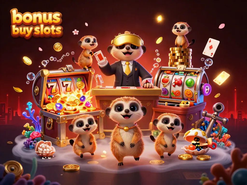 Experience thrilling action with bonus buy slots led by playful meerkats in a vibrant casino scene.
