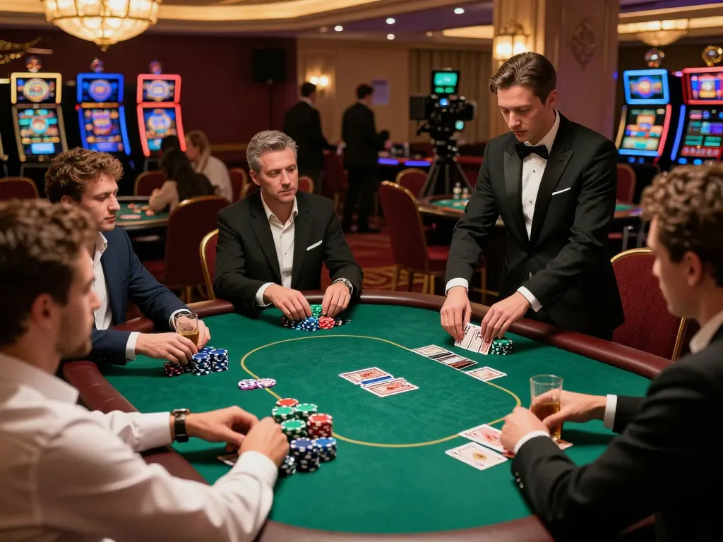 GO88 poker players strategizing for a winning hand at an upscale casino, vibrant atmosphere.