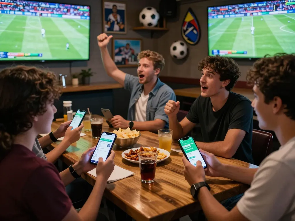 Friends enjoy live football with Cakhia app in lively sports bar setting.