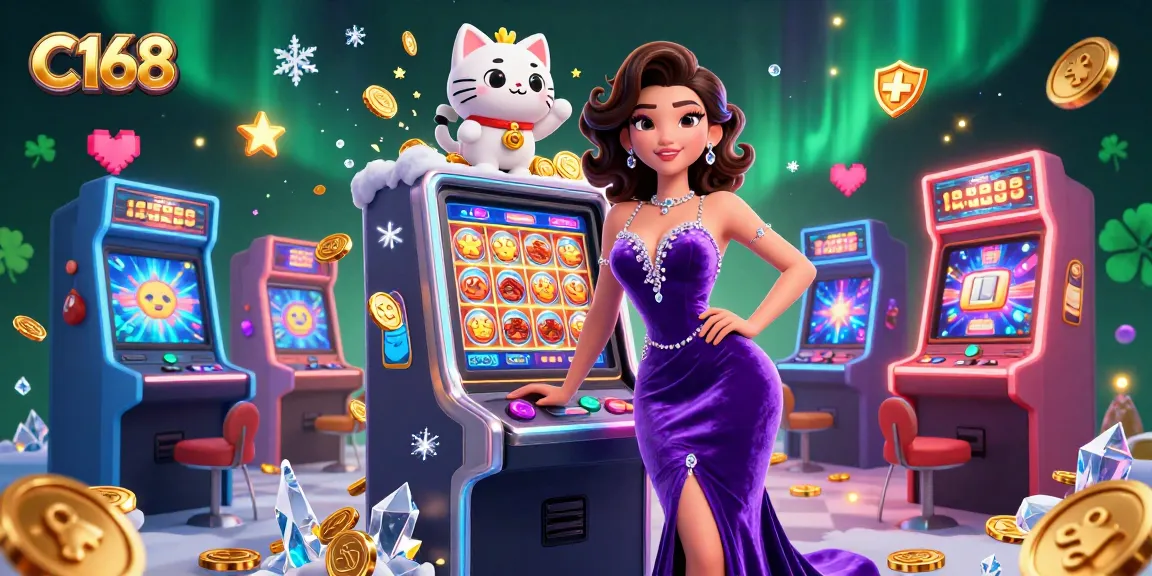 C168 offers thrilling jackpot excitement with a glamorous winner celebrating atop a slot machine, highlighting casino gaming.