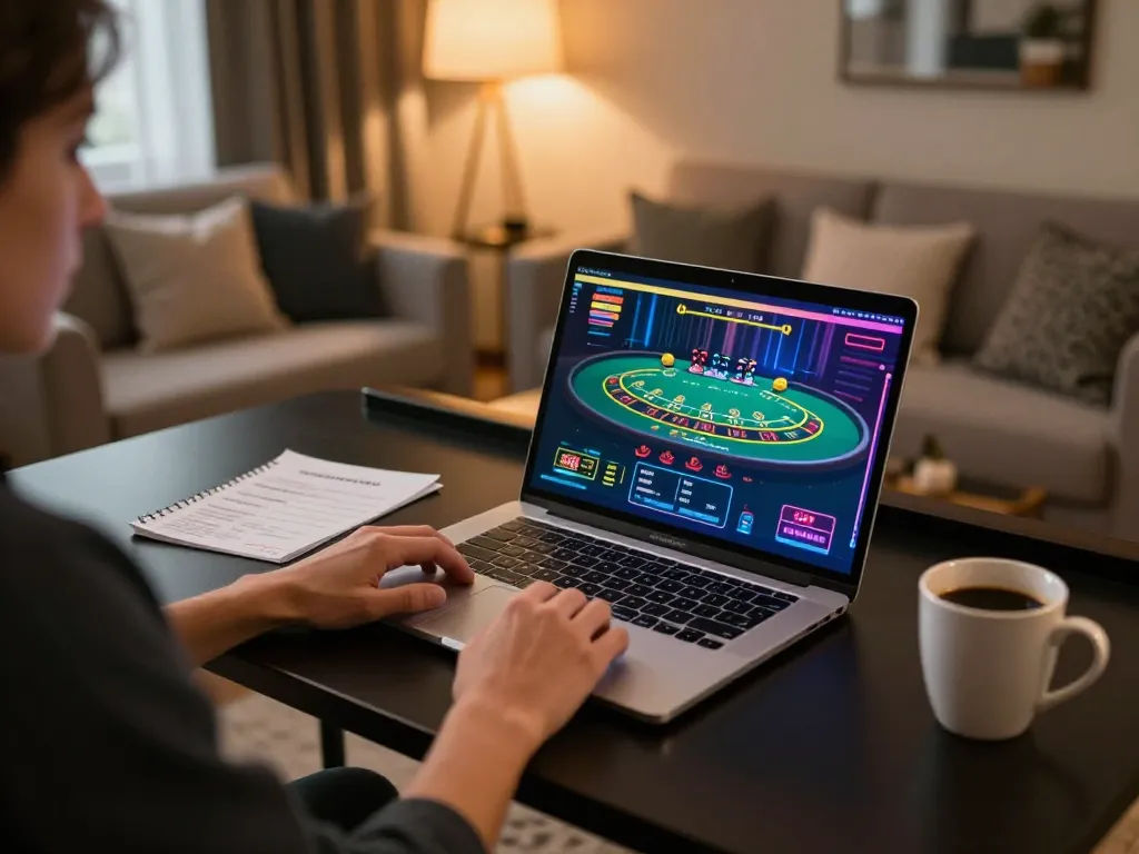 Player immersed in a live dealer game on hello88 laptop, showcasing strategic gameplay.