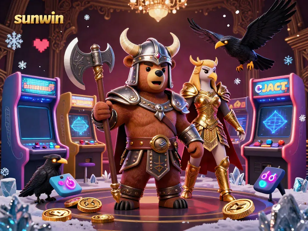 Experience sunwin's thrilling gaming world with a Viking bear, Valkyrie eagle, and illuminated arcade machines.