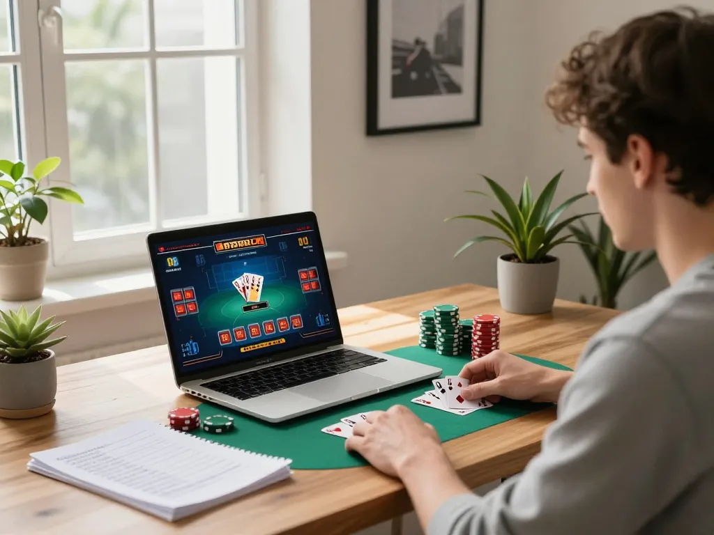 Player utilizing vaobet for an online poker game, showcasing strategic gameplay and a comfortable home environment.