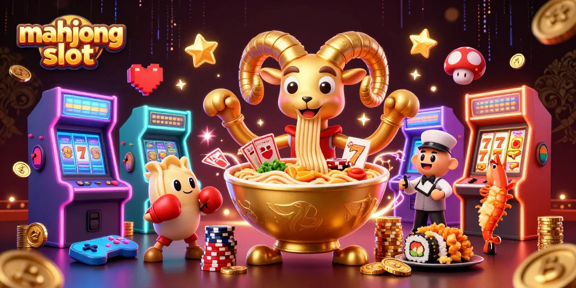 Engage with the vibrant mahjong slot gameplay featuring a 3D ramen bowl dealer amidst colorful arcade elements.