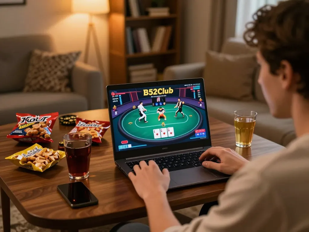 Cảnh chơi game trực tuyến B52club với người chơi tham gia hành động poker trên laptop, nhấn mạnh sự hồi hộp và chiến lược.