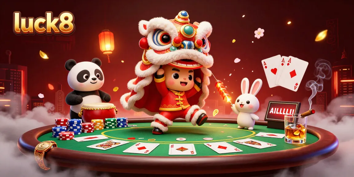 Engage in luck8 gaming excitement with 3D lion dance characters amidst vibrant poker elements and festive decorations.