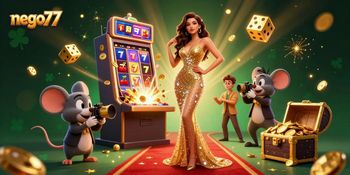 Experience the excitement of nego77 with a vibrant 3D casino illustration showcasing winning moments and dynamic game elements.