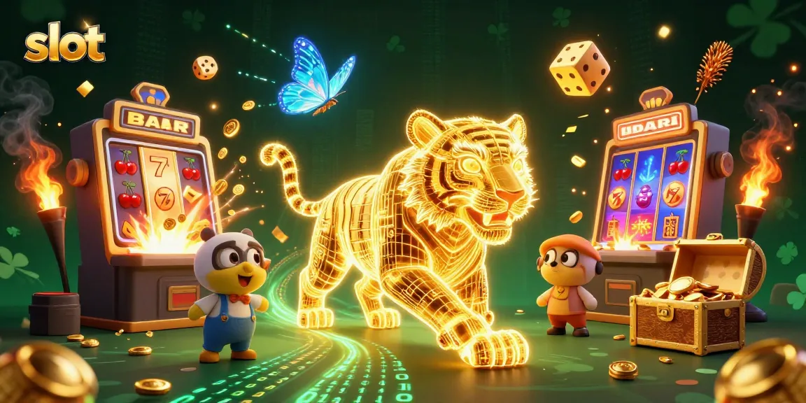 Spin slots with excitement in a vibrant 3D casino scene featuring a golden tiger and jackpot elements.