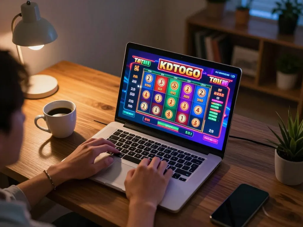 KDTOTO player engaging with online Toto slot game interface on a laptop in a cozy home environment