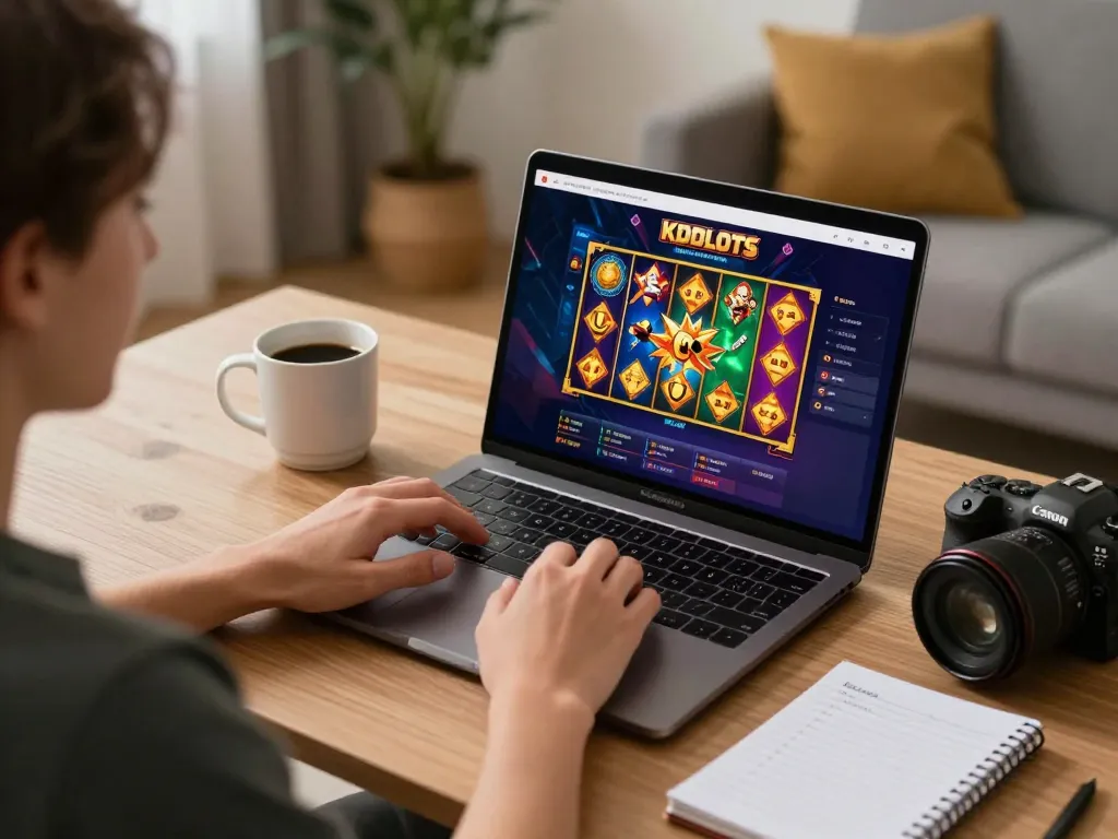 Engaging with KDSLOTS online gaming platform on a laptop in a cozy home setup.