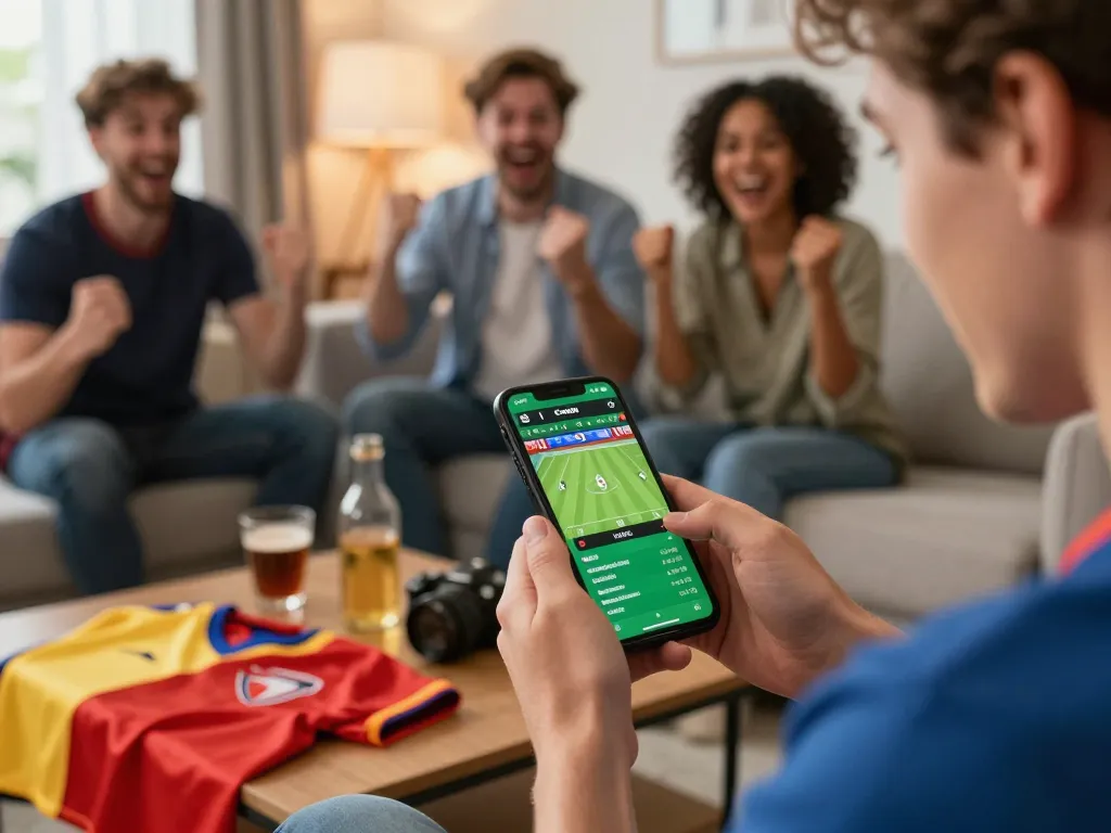 Tỷ Lệ Bóng Đá reflected in exciting sports betting moment using smartphone, showcasing live odds