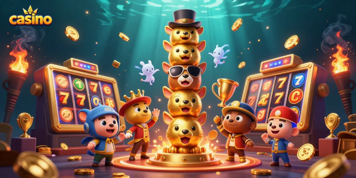 Experience the excitement of a casino with dynamic slot reels and golden trophies in this vibrant illustration.