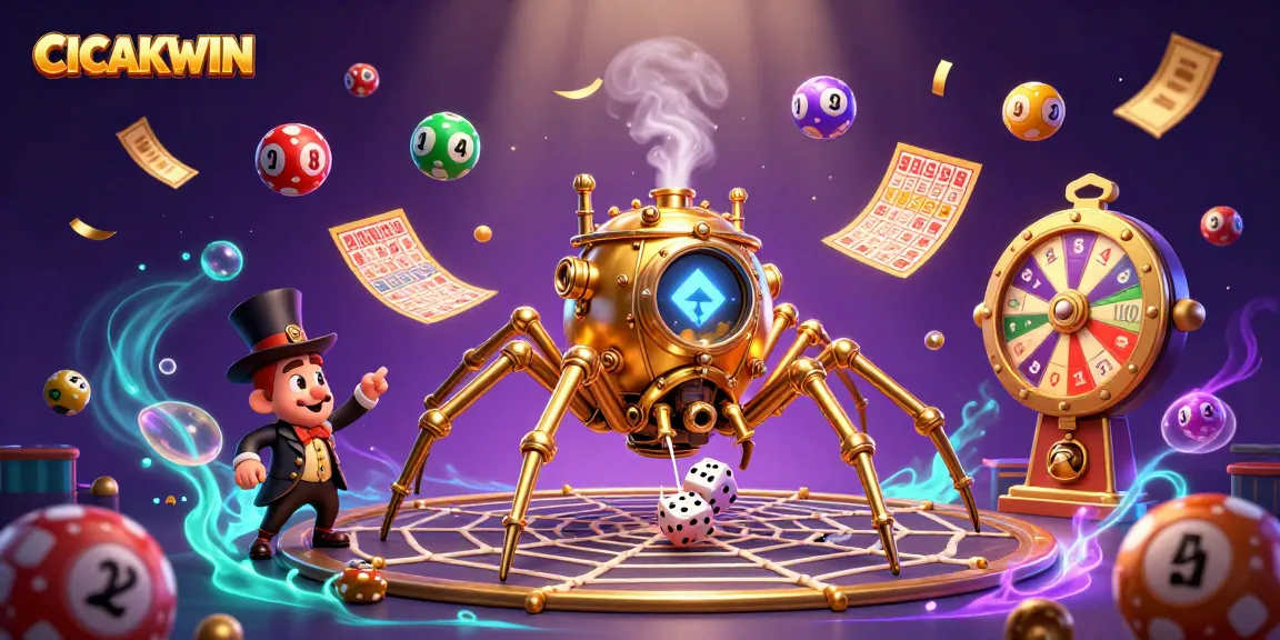 CICAKWIN captivates players with a vivid steampunk-themed gambling illustration, featuring a spider and lottery elements.