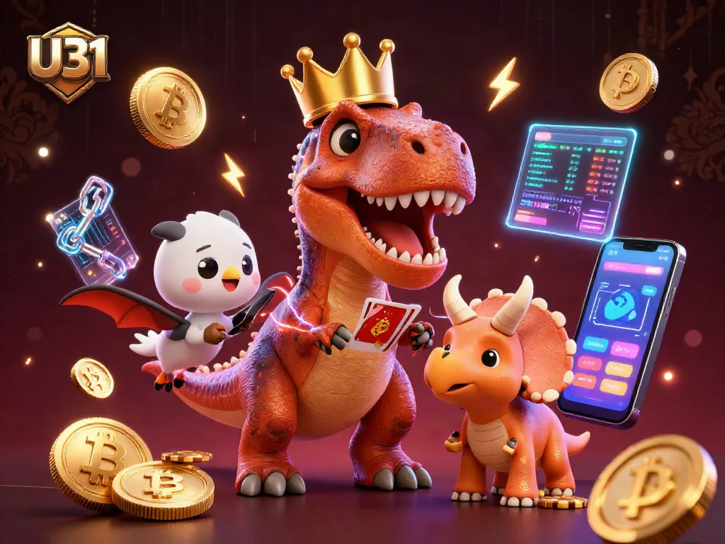 U31 engages players with an exciting scene of a T-Rex shuffling cards among golden chips and crypto elements.