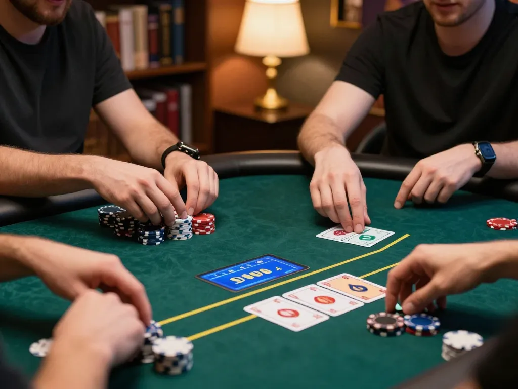 Players engaging with dinamit4d online poker, hands placing strategic bets at the table.