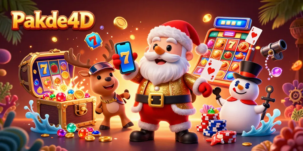 Experience exciting jackpots with Pakde4D in this vibrant 3D casino illustration featuring Santa Claus and friends.