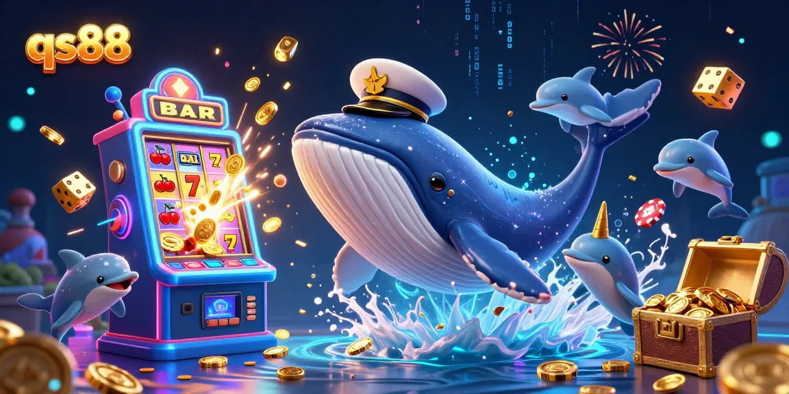 qs88 offers an exciting casino experience with a captivating whale, narwhal, and dolphins amidst vibrant gaming elements.