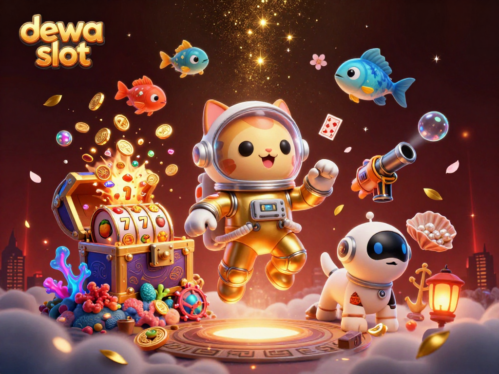 Experience the thrill of spinning dewa slot reels with a dynamic cosmic twist featuring vibrant characters and jewels.