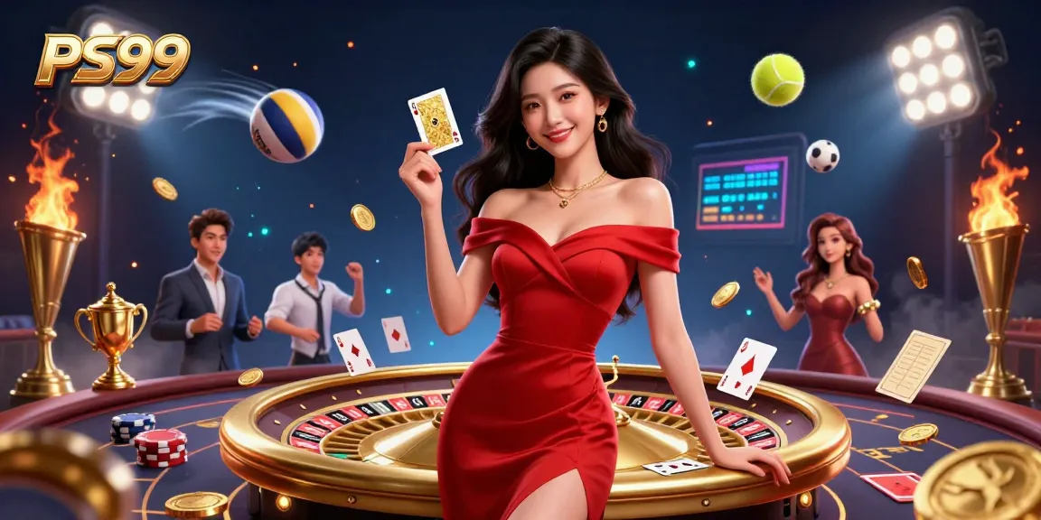 Experience exhilarating gaming at PS99 with a beautiful dealer beside a roulette wheel.