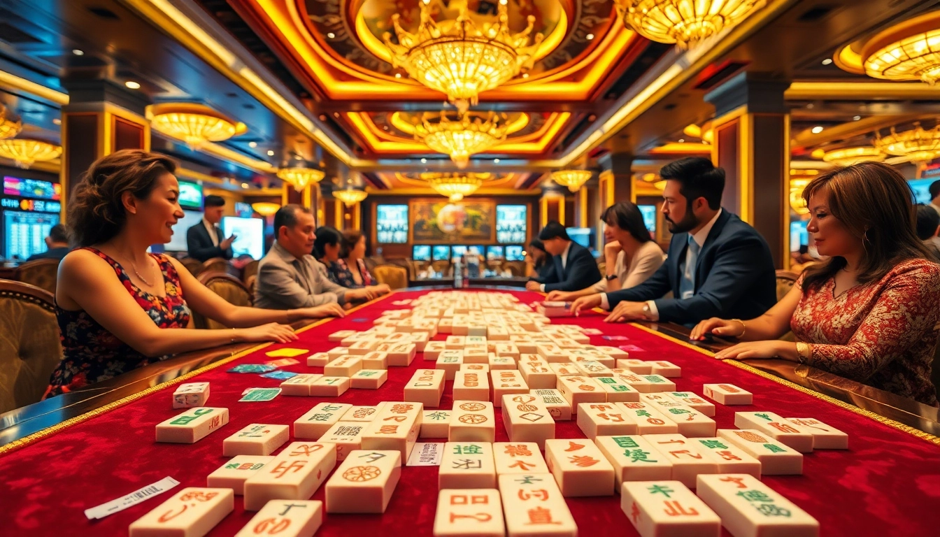 Experience the thrilling hz88 game with players engaged at a vibrant mahjong table in a luxurious casino setting.