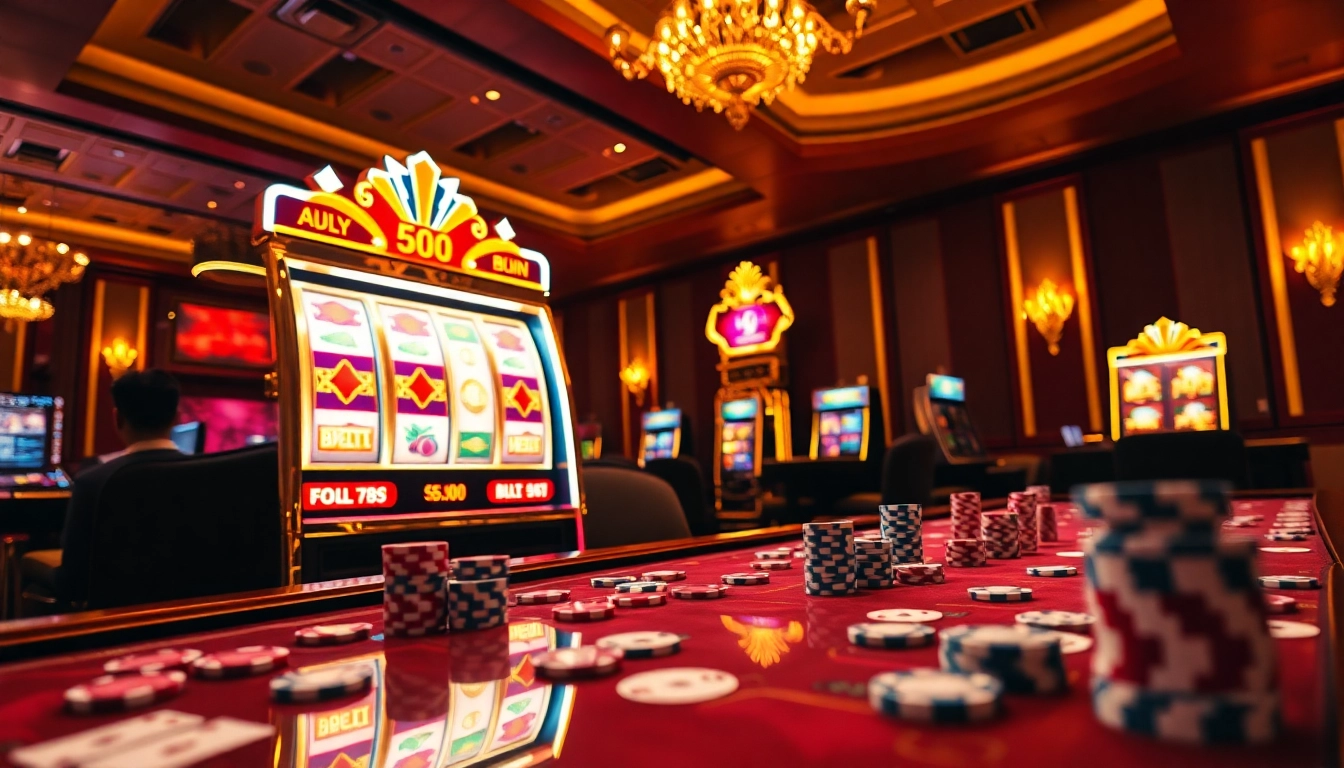 Scene yang menarik menggambarkan aman788 slot online dengan mesin slot bergaya, chip poker, dan kartu di meja kasino.