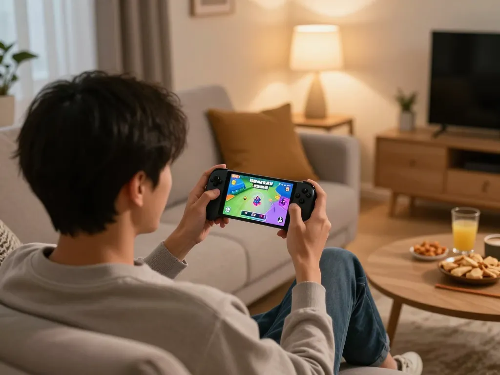 Engaged player enjoying the done55 game on their smartphone in a cozy home setting.