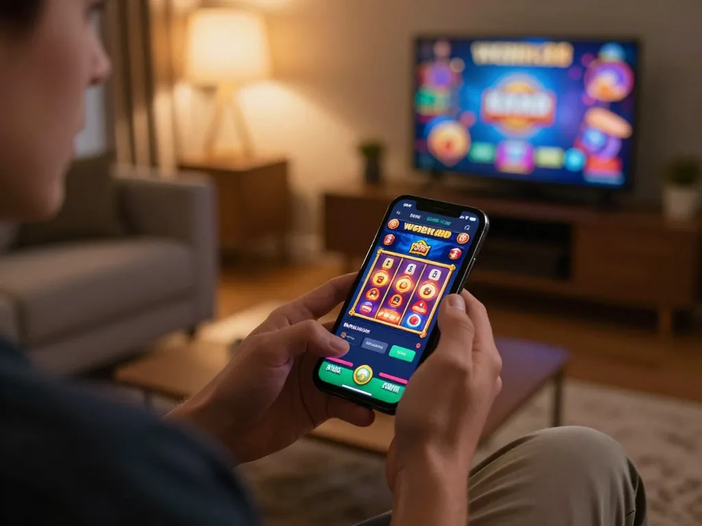 Player holding smartphone displaying exciting gameplay on webnk88 casino app in a cozy setting