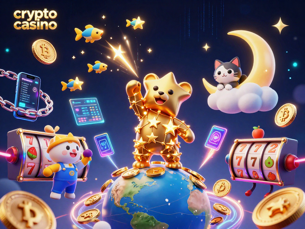 Engage in exciting adventures at a crypto casino with vibrant characters and dynamic elements.