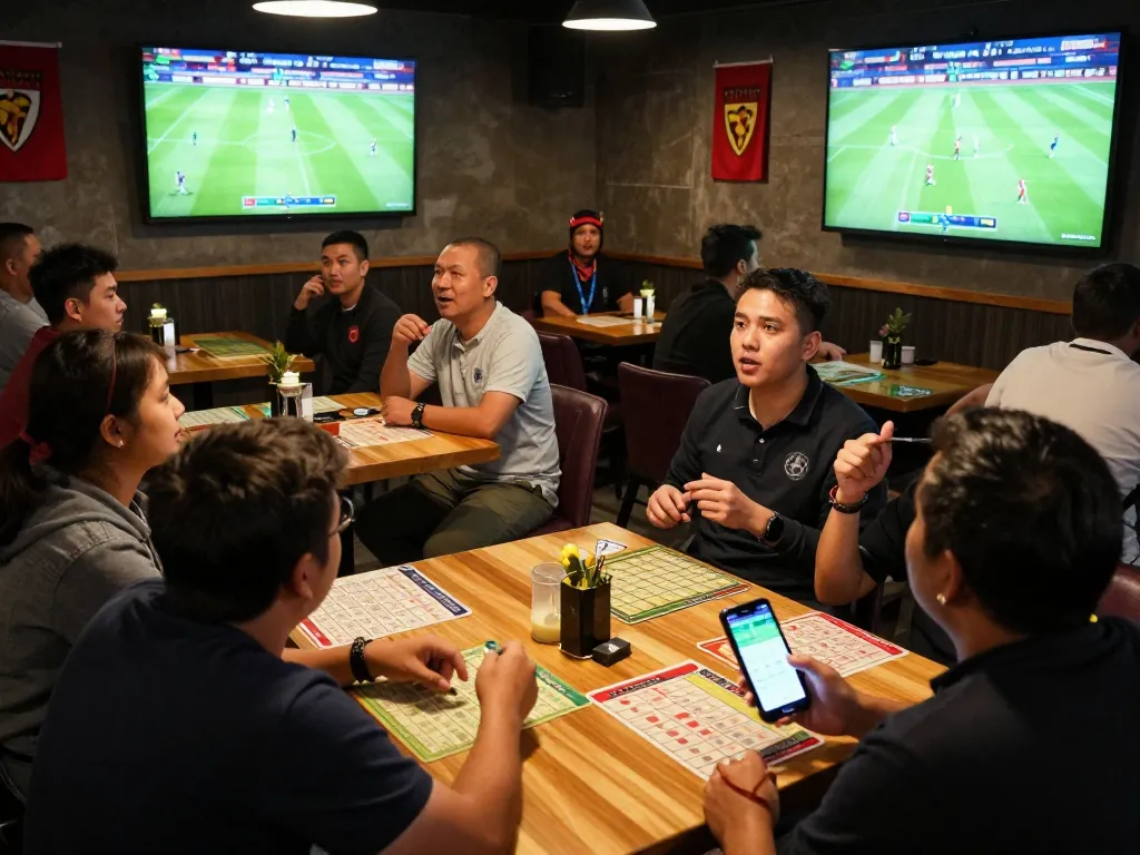 Kèo bóng đá hôm nay engagement in a lively sports bar, fans cheering and using betting slips for wagering.