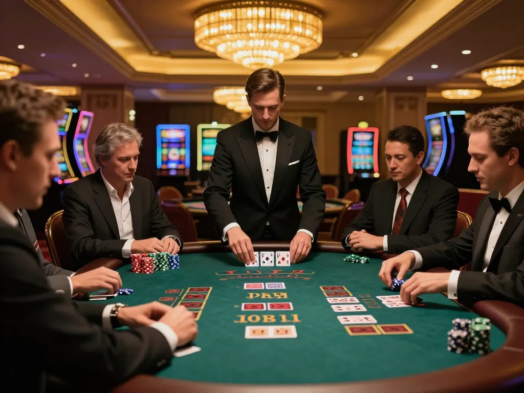 MM88 players strategizing at an elegant blackjack table in a luxurious casino atmosphere.