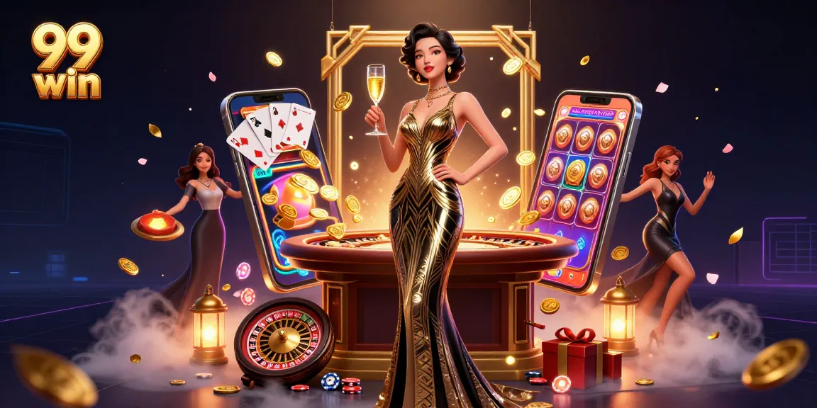 Experience the thrill of 99 win casino with elegant character amid vibrant gaming elements.