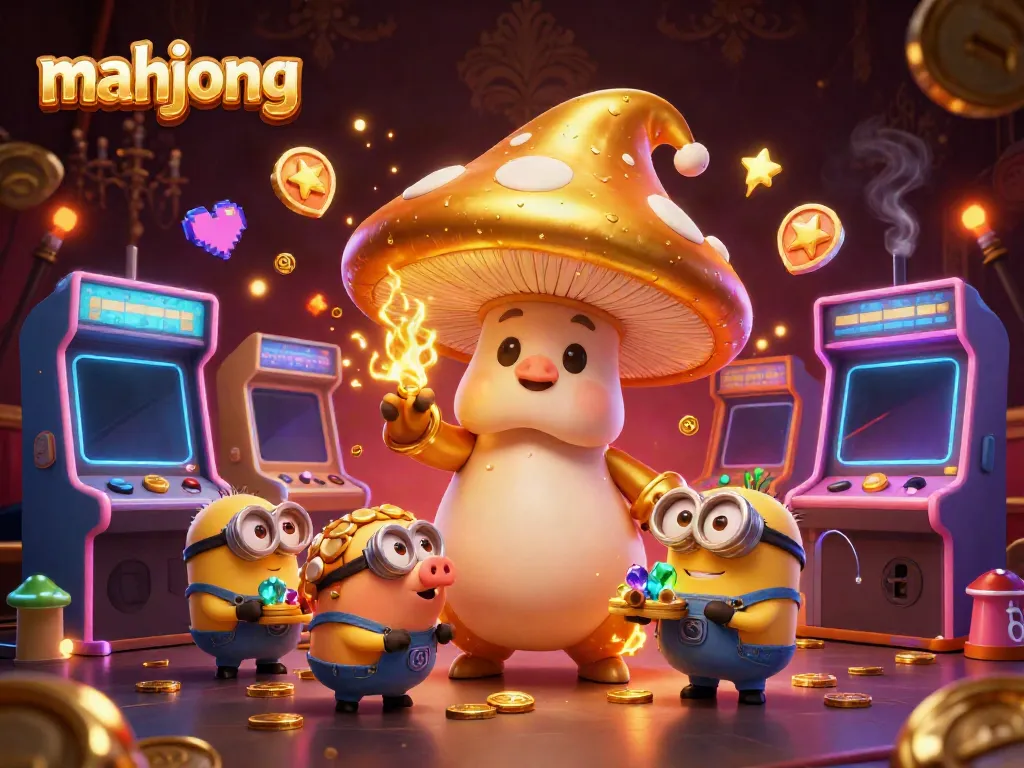 Mahjong dengan wizard kartun emas, dikelilingi mesin permainan dan elemen kasino yang meriah.