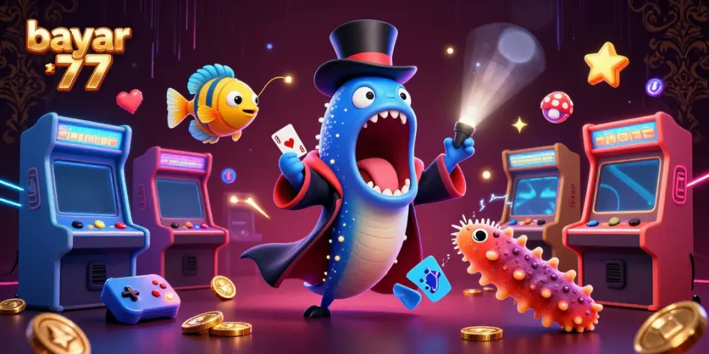 Capture the excitement of bayar 77 with vibrant characters performing magic in an immersive casino setting.