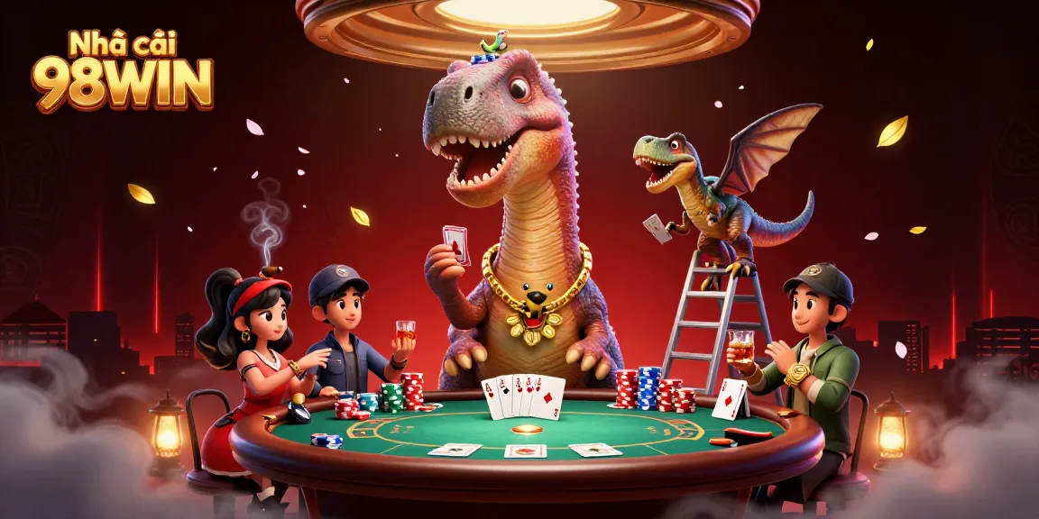 Engage with Nhà cái 98WIN at a vibrant casino scene featuring a giant brontosaurus above a poker table.