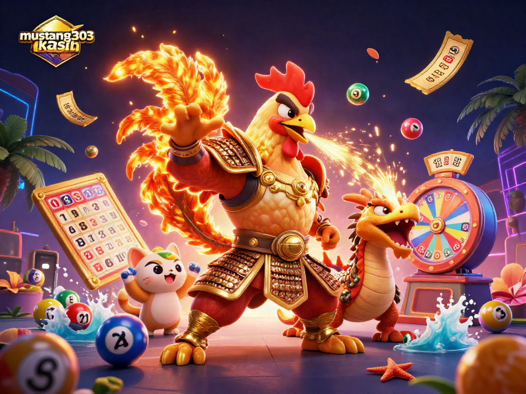 Engage with mustang303 kasih as a rooster warrior and dragon hatchling cheer on lottery wins amidst vibrant casino elements.