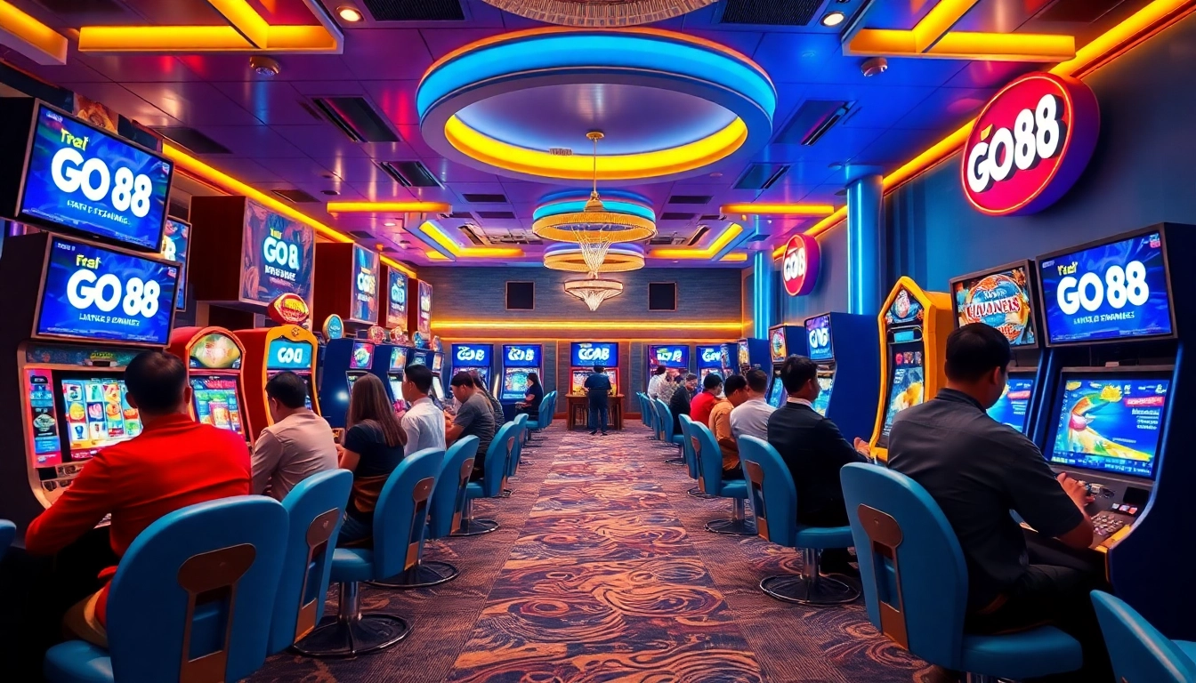 Engaging scene of players enjoying games on the GO 88 platform in a vibrant gaming lounge.