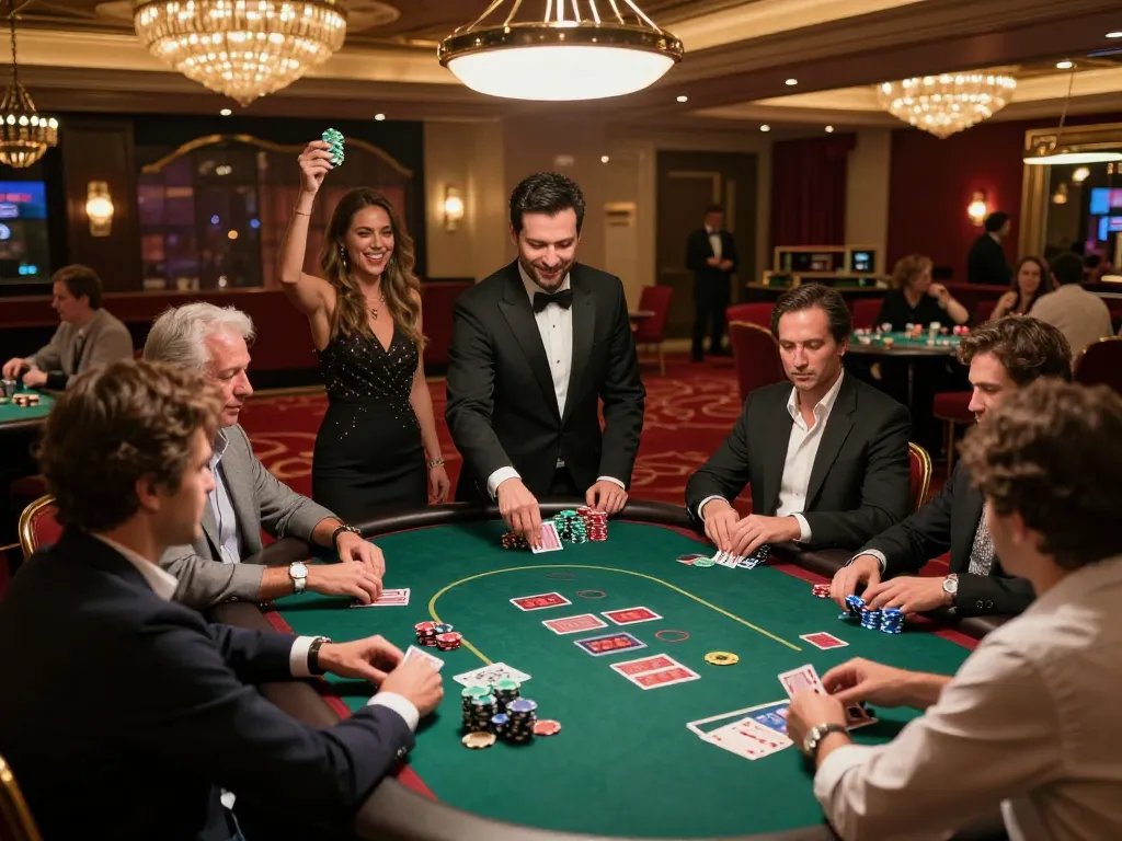 Experience intense gameplay at Luck88 poker table with vibrant atmosphere and players in action.