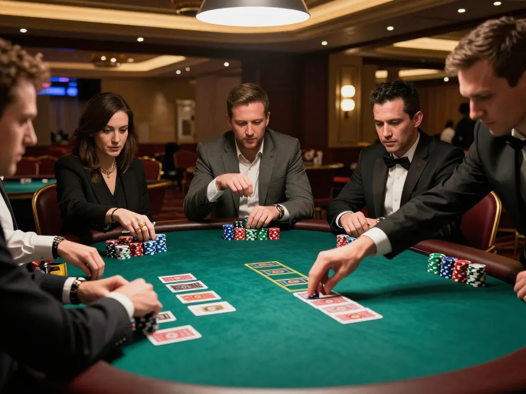 Players enjoying a heated game of blackjack at MM88 casino with chips and playing cards prominently featured.