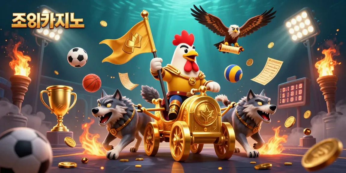 Experience engaging games at 조이카지노 with a captivating 3D digital scene featuring a rooster warlord and sports elements.
